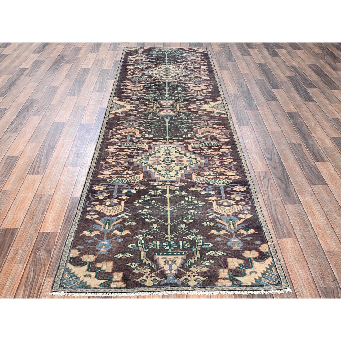 Rug 3'1"x9'4" Brown Vintage Zoroastrian Khamadan Wool Hand Knotted Runner - 2