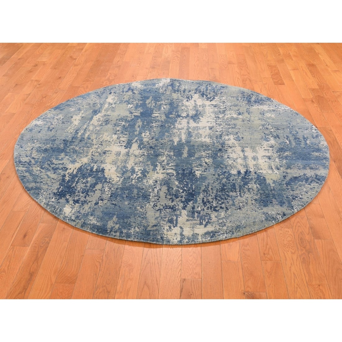 Rug 6'2"x6'2" Round Abstract Design Wool and Pure Silk Blue Hand Knotted - 2