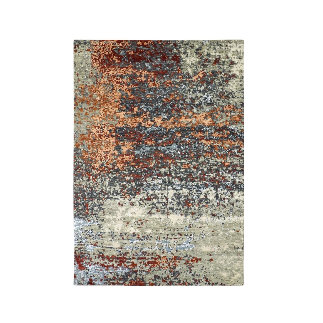 Rug 4'x6'2" Gray with Orange Abstract Design Pure Wool Hand Knotted (1 of 7)