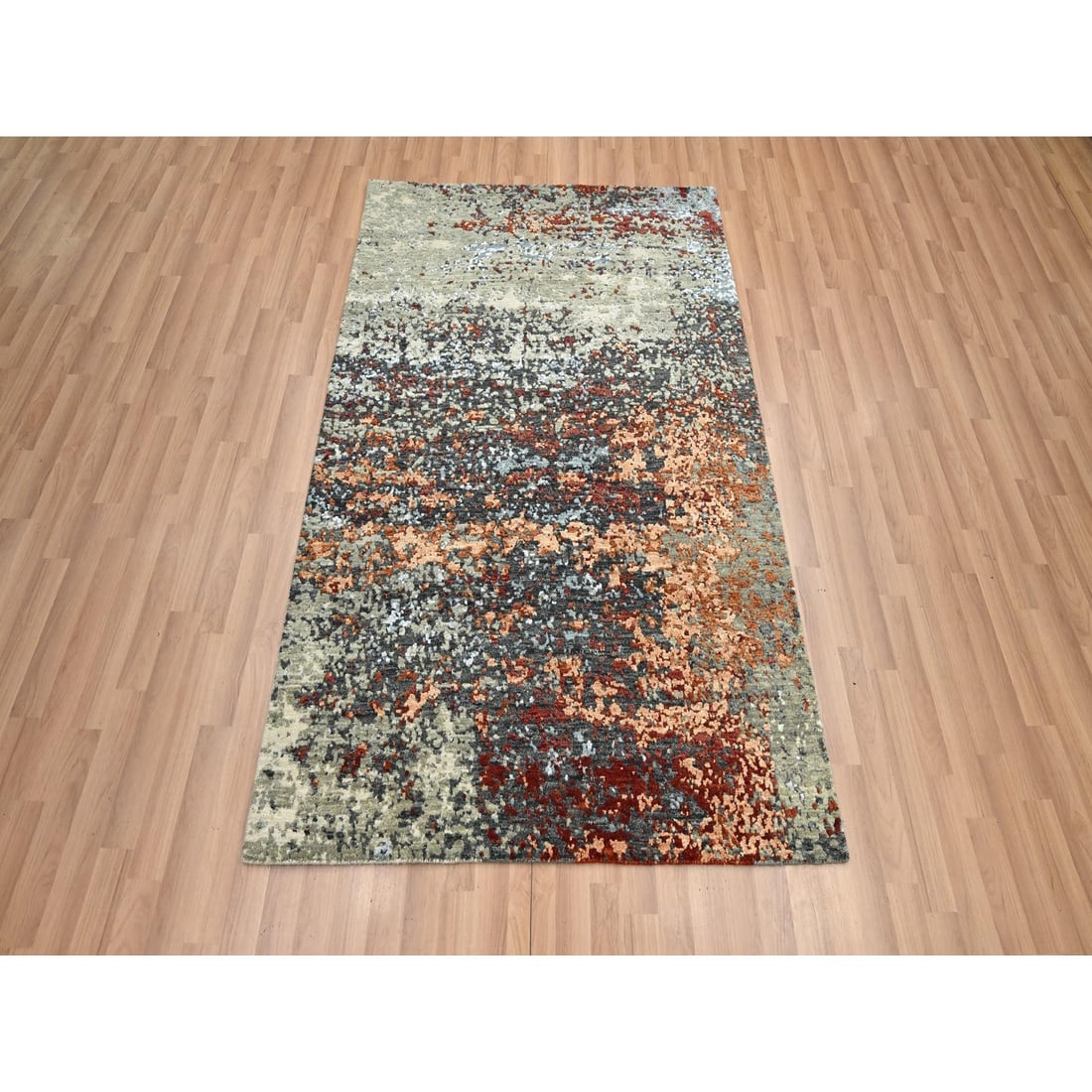 Rug 4'x6'2" Gray with Orange Abstract Design Pure Wool Hand Knotted - 2