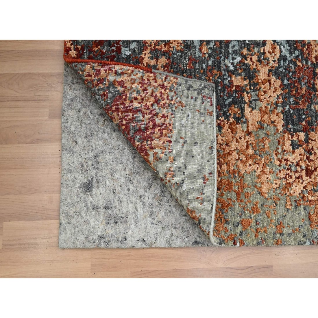 Rug 4'x6'2" Gray with Orange Abstract Design Pure Wool Hand Knotted - 3