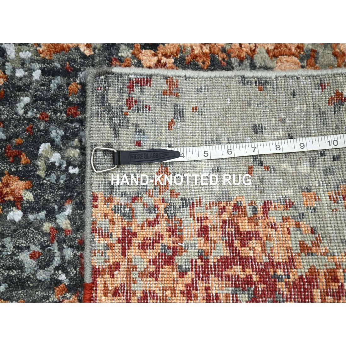 Rug 4'x6'2" Gray with Orange Abstract Design Pure Wool Hand Knotted - 7