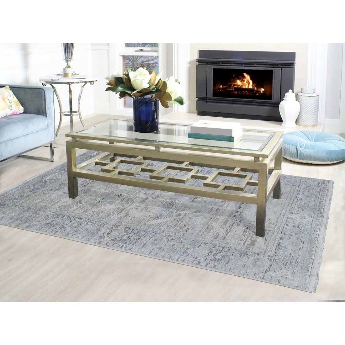 Rug 6'x9'5" Gray Pure Silk & Textured Wool Oushak Geometric Motif - 2