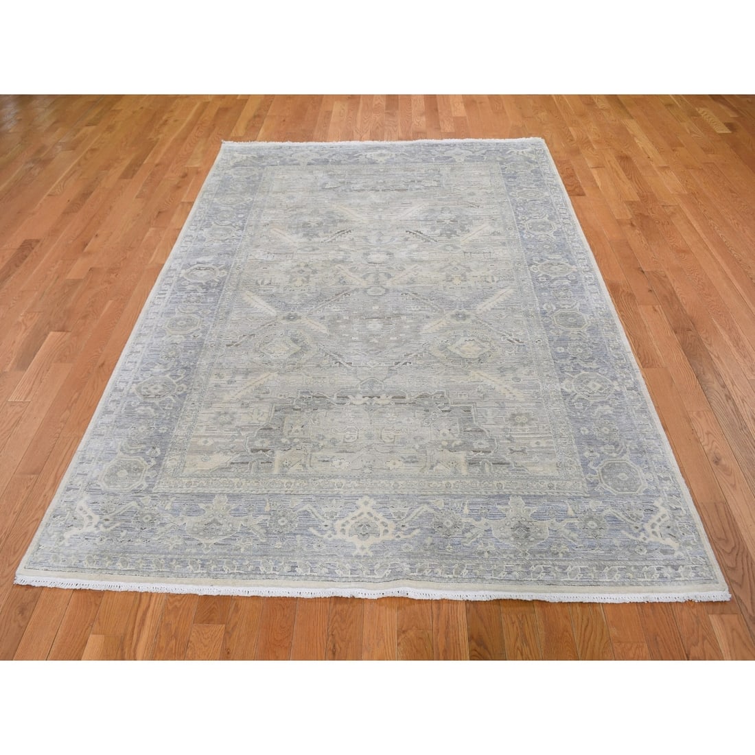 Rug 6'x9'5" Gray Pure Silk & Textured Wool Oushak Geometric Motif - 3