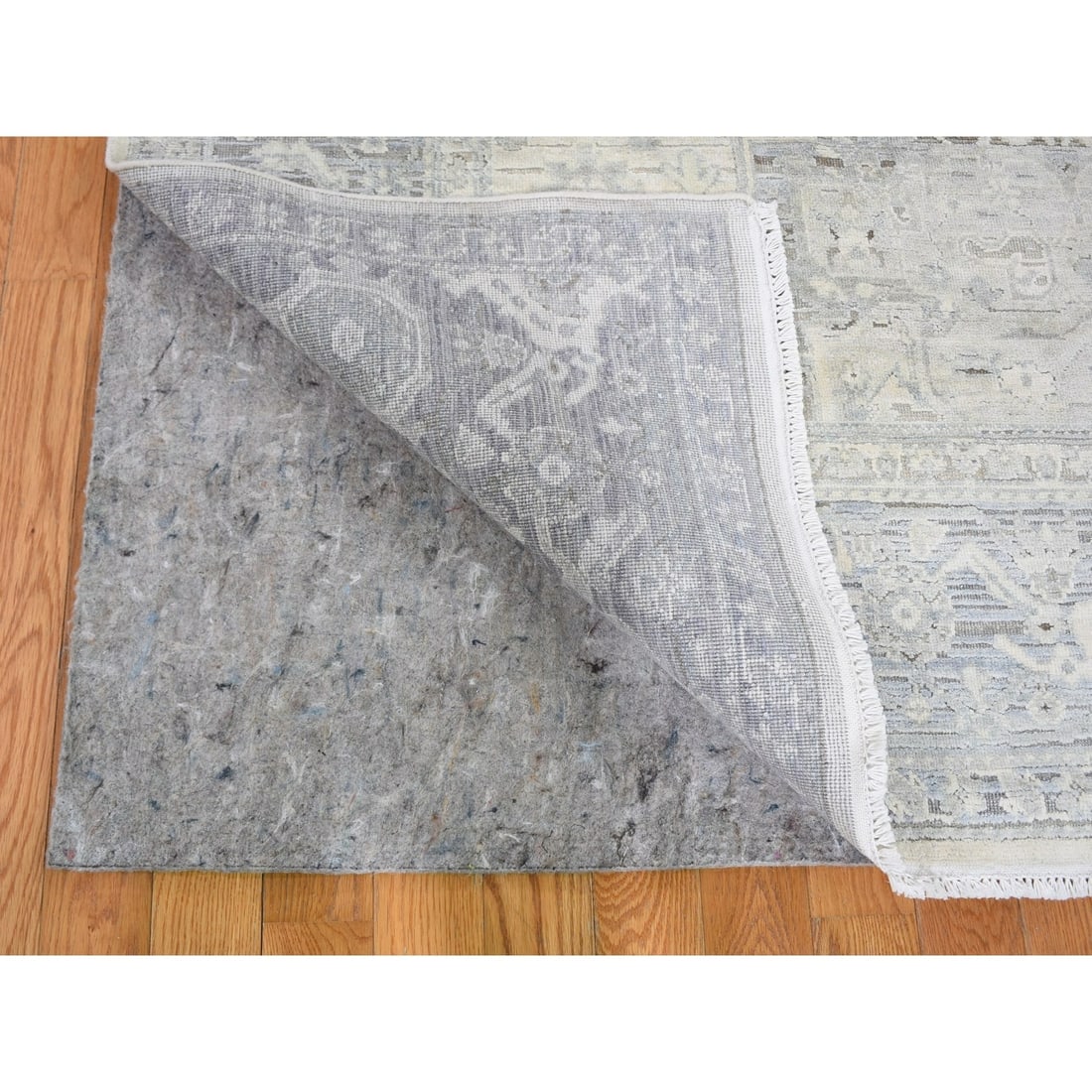 Rug 6'x9'5" Gray Pure Silk & Textured Wool Oushak Geometric Motif - 4