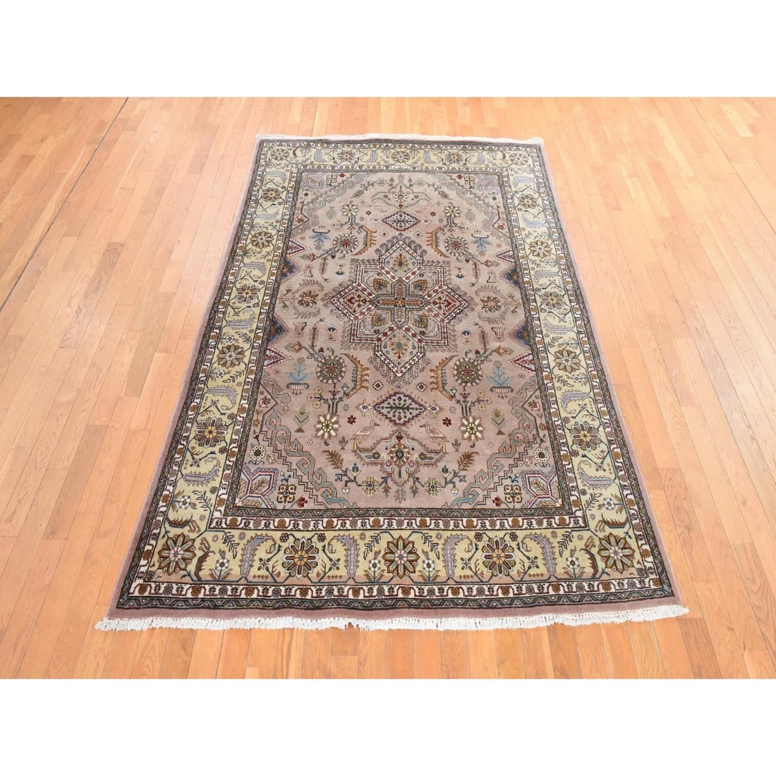 Rug 5'8"x9'3" Beige Vintage Zoroastrian Tebraz 100% Wool Hand Knotted Soft - 2