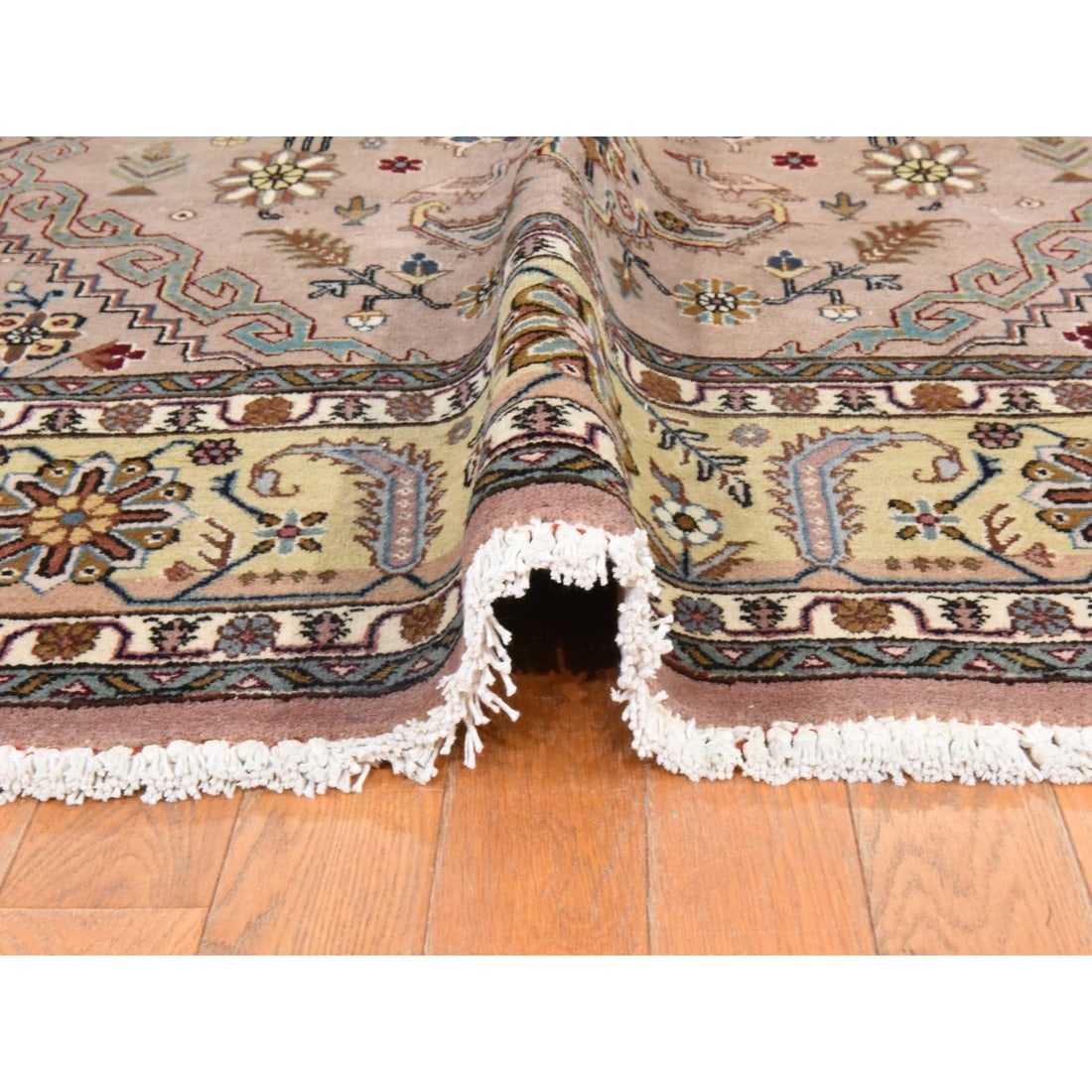 Rug 5'8"x9'3" Beige Vintage Zoroastrian Tebraz 100% Wool Hand Knotted Soft - 6