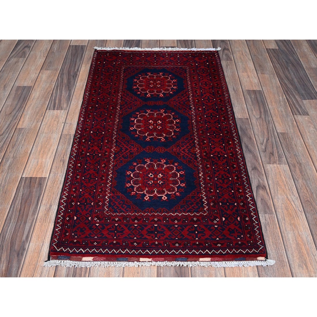 Rug 2'2"x4' Red Hand Knotted Afghan Khamyab Tribal Design Pure Wool Sample - 2