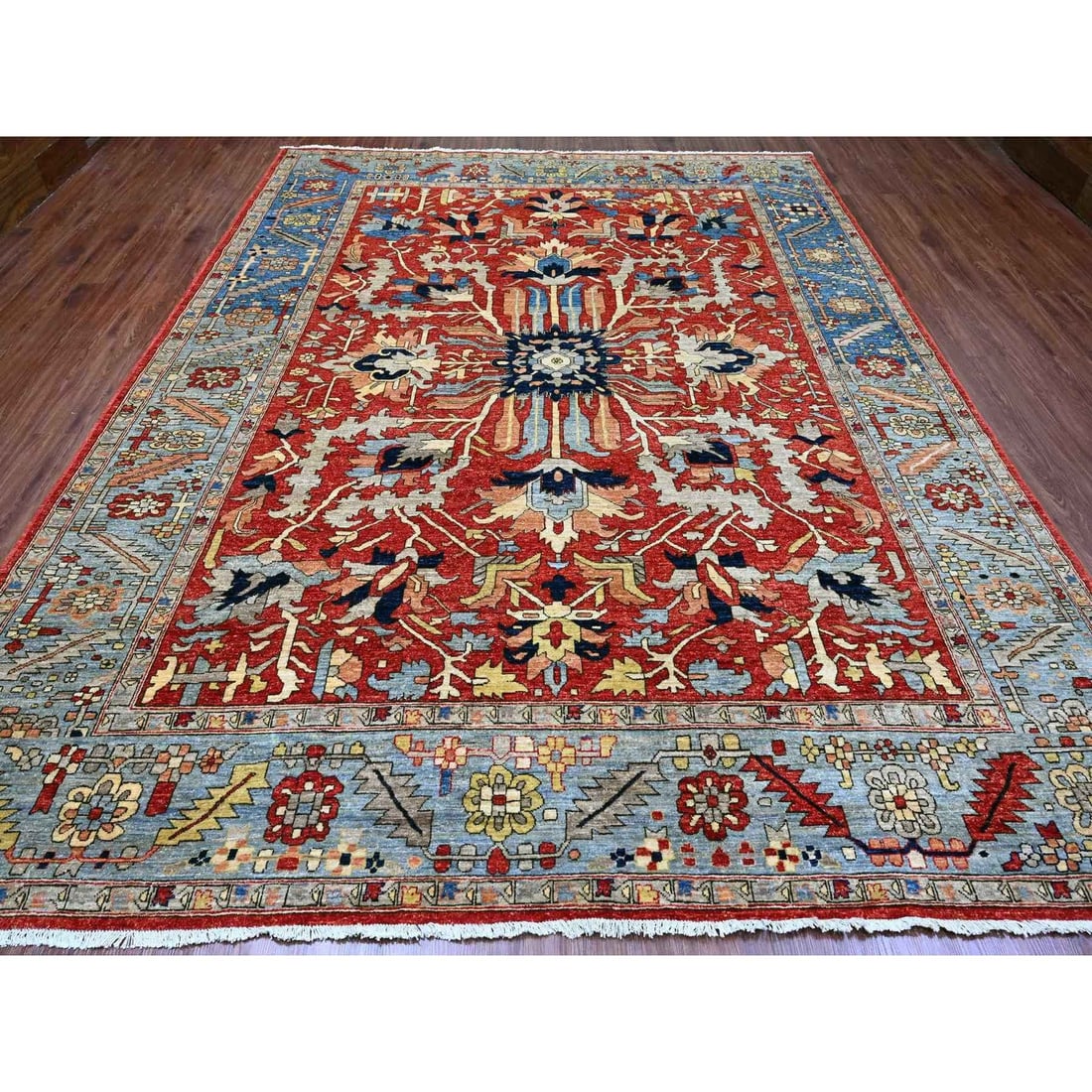 Wool Oriental Rug - 9'6"x12' Red Hand Knotted Aryana Heris Design Abrash - 2
