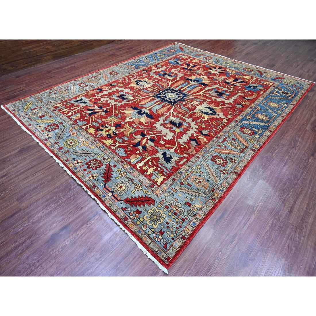 Wool Oriental Rug - 9'6"x12' Red Hand Knotted Aryana Heris Design Abrash - 3