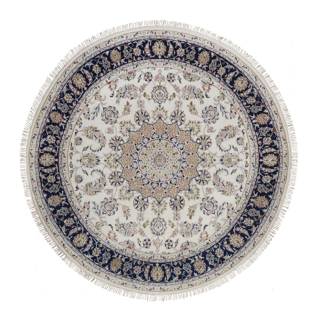 Rug 7'5"x7'5" Ivory Wool and Silk Nain Flower Design Hand Knotted Round (1 of 8)