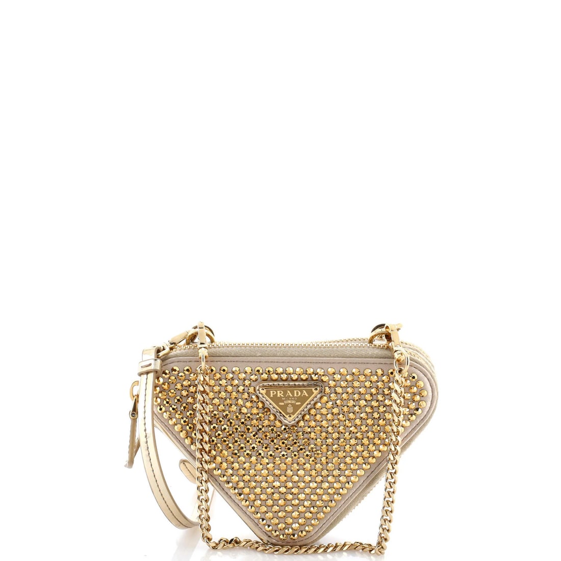 Mini Prada Triangle Double Pouch Crossbody Crystal Embellished Satin: Mini Prada Triangle Double Pouch Crossbody Crystal Embellished Satin This listing features Mini Prada Triangle Double Pouch Crossbody Crystal Embellished Satin. Item specifics are provided below. Item
