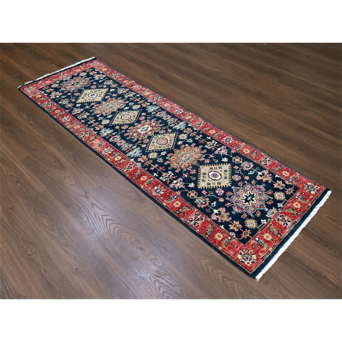 Rug 2'9"x8' Blue Karjihooz Medallions Design Hand Knotted Wool Runner - 2