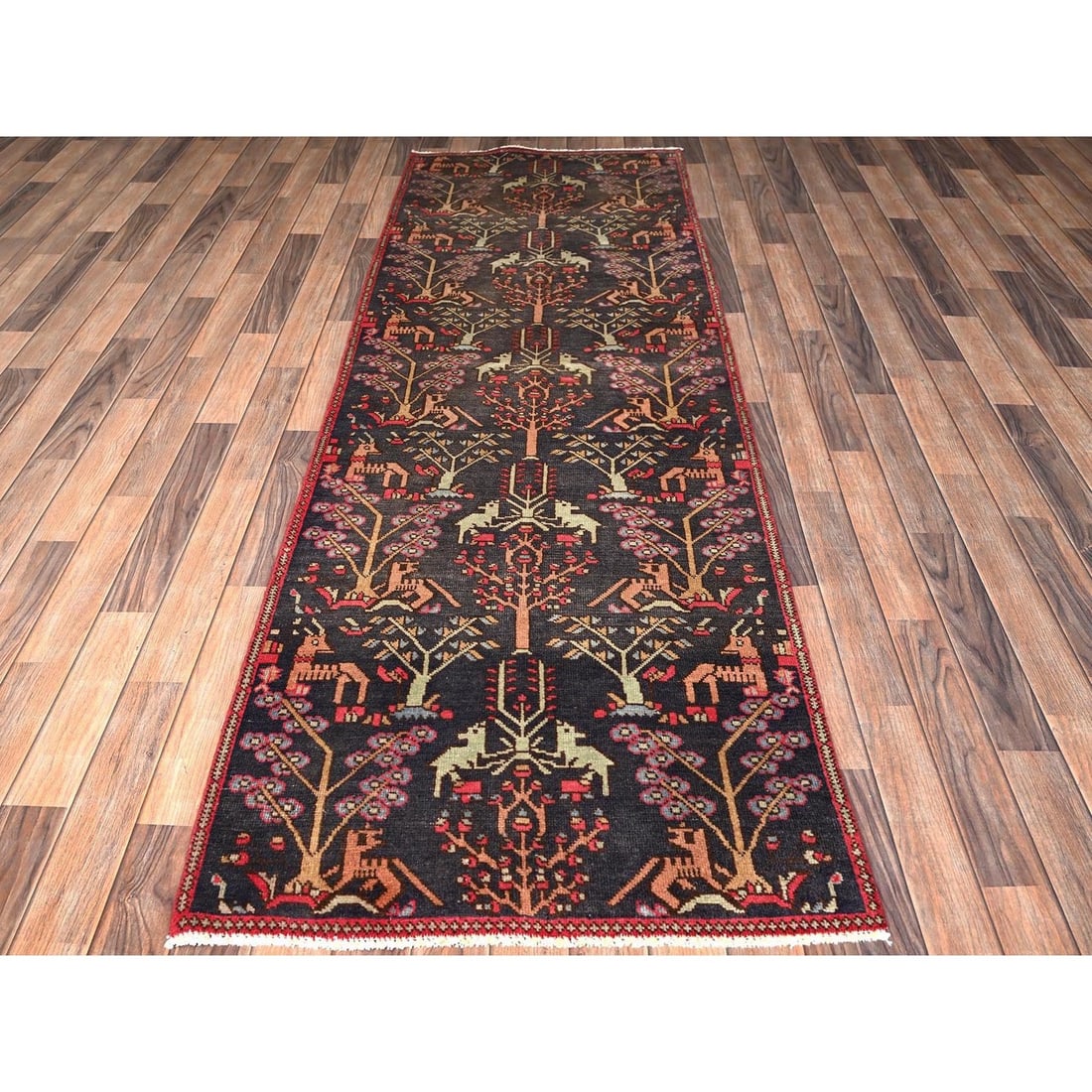 Runner 3'x9'1" Black Vintage Zoroastrian Tree Design Hand Knotted Wool - 2