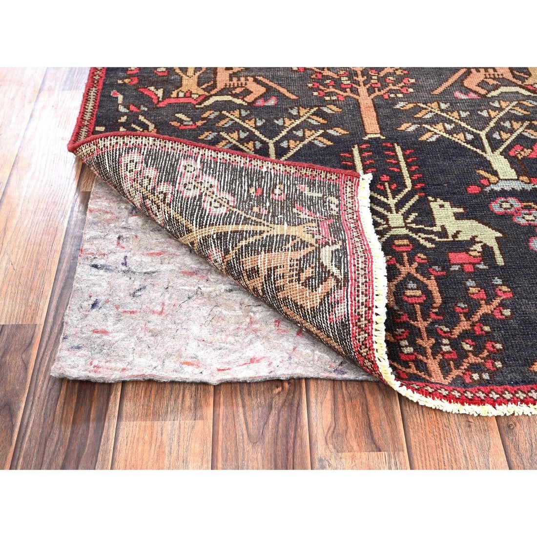 Runner 3'x9'1" Black Vintage Zoroastrian Tree Design Hand Knotted Wool - 3