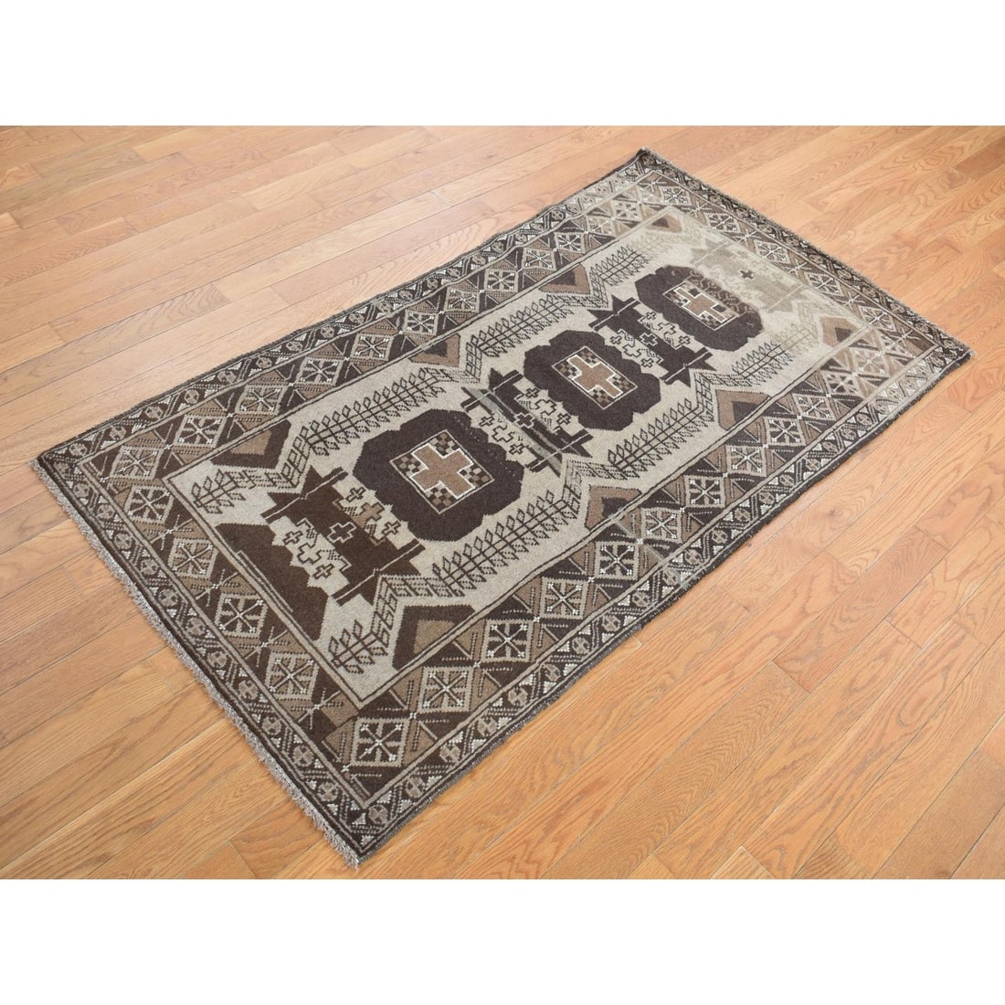 Rug 3'2"x6'1" White Vintage Zoroastrian Balooch 100% Wool Hand Knotted - 2