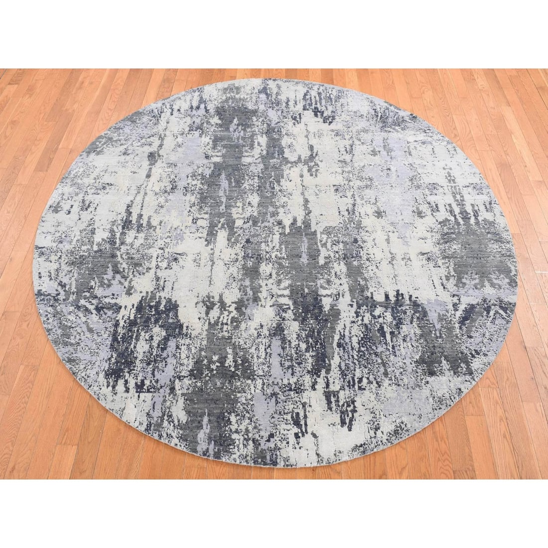 Rug 8'1"x8'1" Gray Abstract Design Wool and Pure Silk Hand Knotted Round - 2