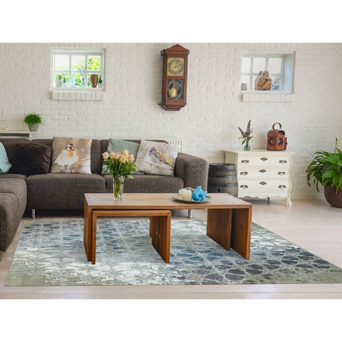 Rug 8'x9'10" Gray Wool & Silk THE HONEYCOMB Design Hand Knotted Oriental - 2