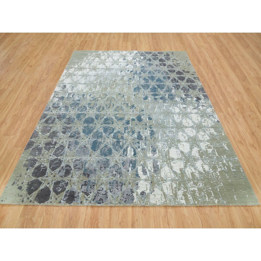 Rug 8'x9'10" Gray Wool & Silk THE HONEYCOMB Design Hand Knotted Oriental - 3