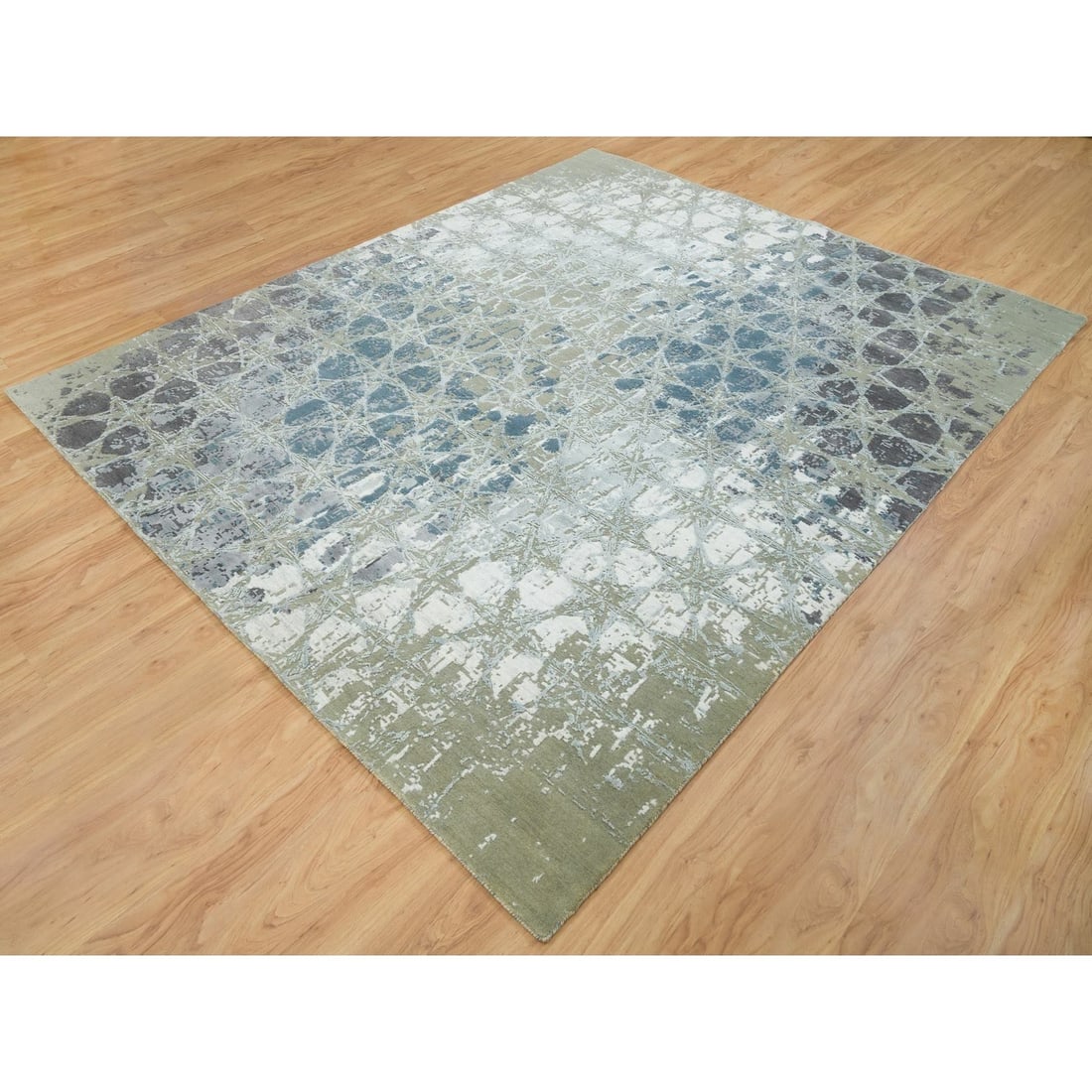 Rug 8'x9'10" Gray Wool & Silk THE HONEYCOMB Design Hand Knotted Oriental - 4