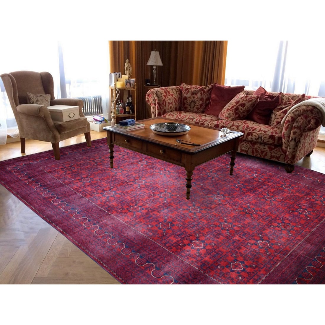 Rug 9'10"x12'6" Deep Red Afghan Khamyab Pure Wool Hand Knotted - 2