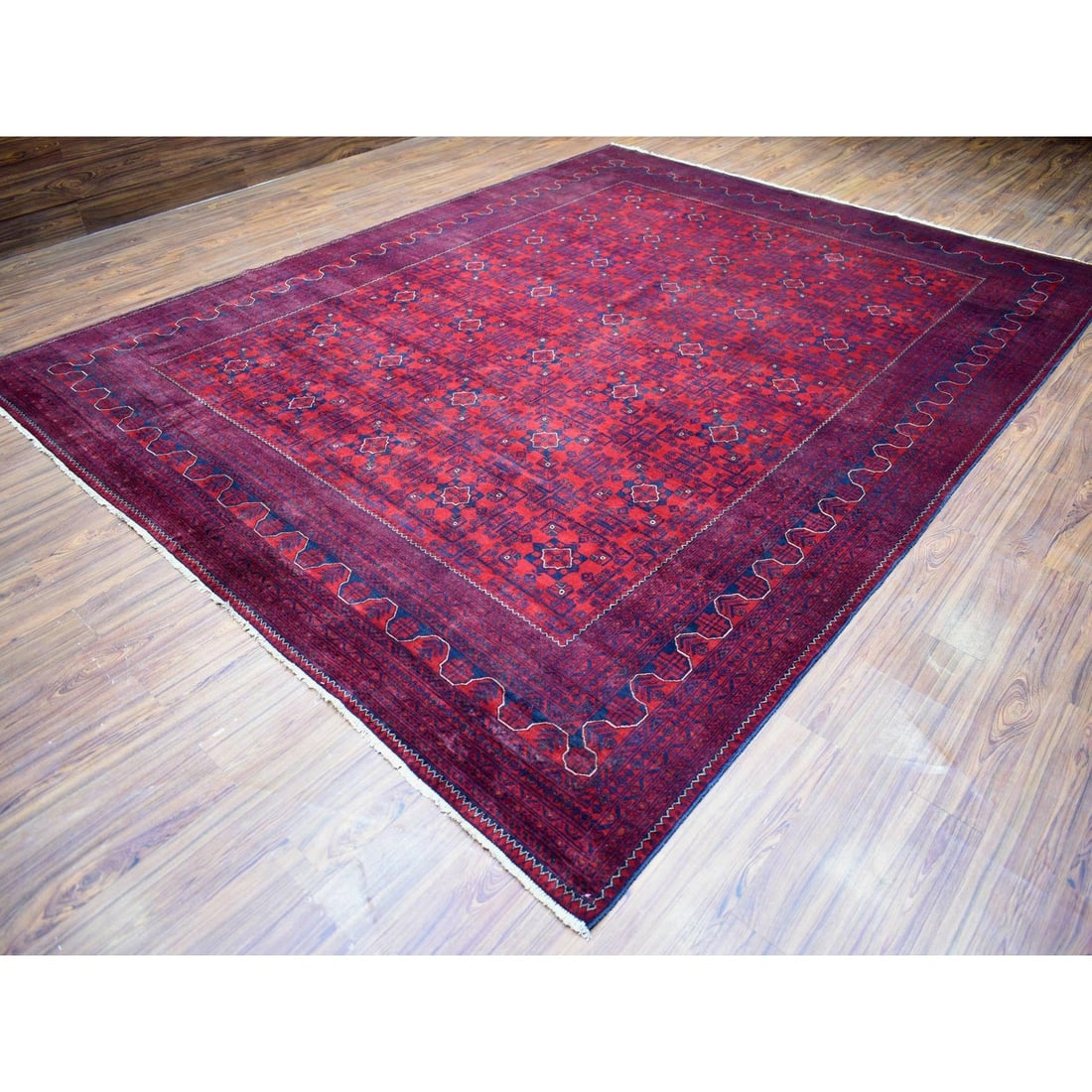 Rug 9'10"x12'6" Deep Red Afghan Khamyab Pure Wool Hand Knotted - 4