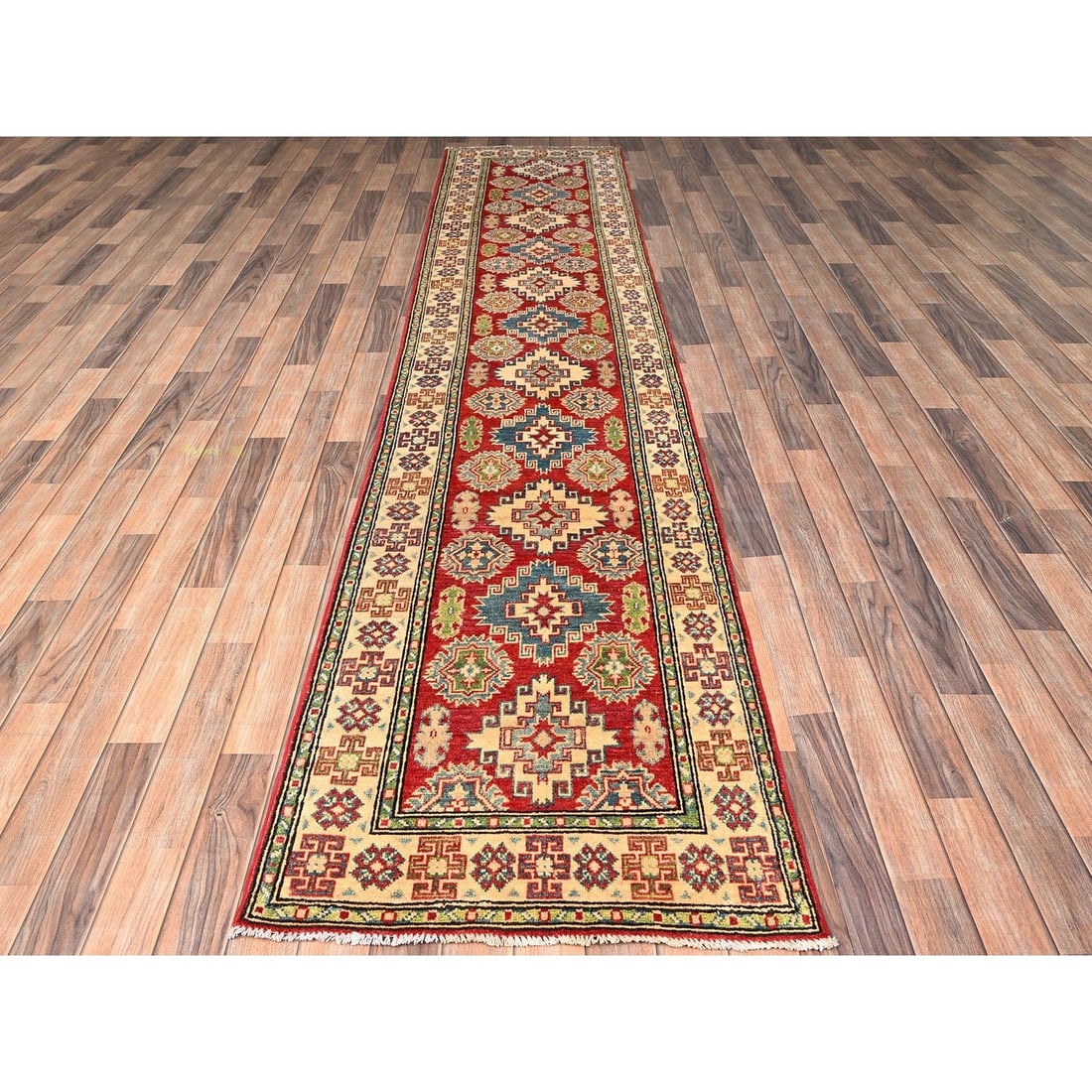 Runner 2'7"x12'8" Red Kazak with Geometric Design Hand Knotted Rug Wool - 2