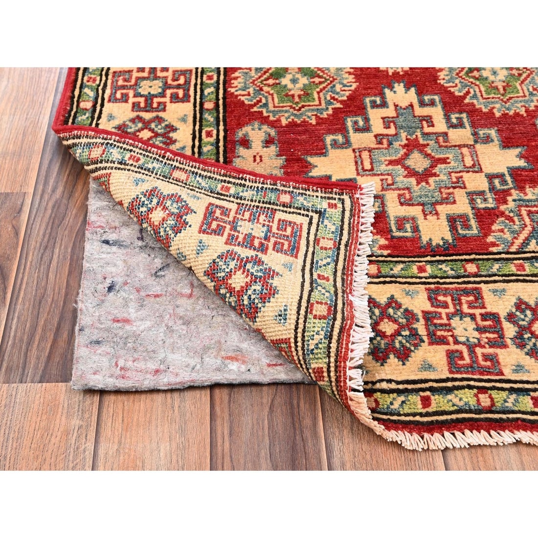 Runner 2'7"x12'8" Red Kazak with Geometric Design Hand Knotted Rug Wool - 3