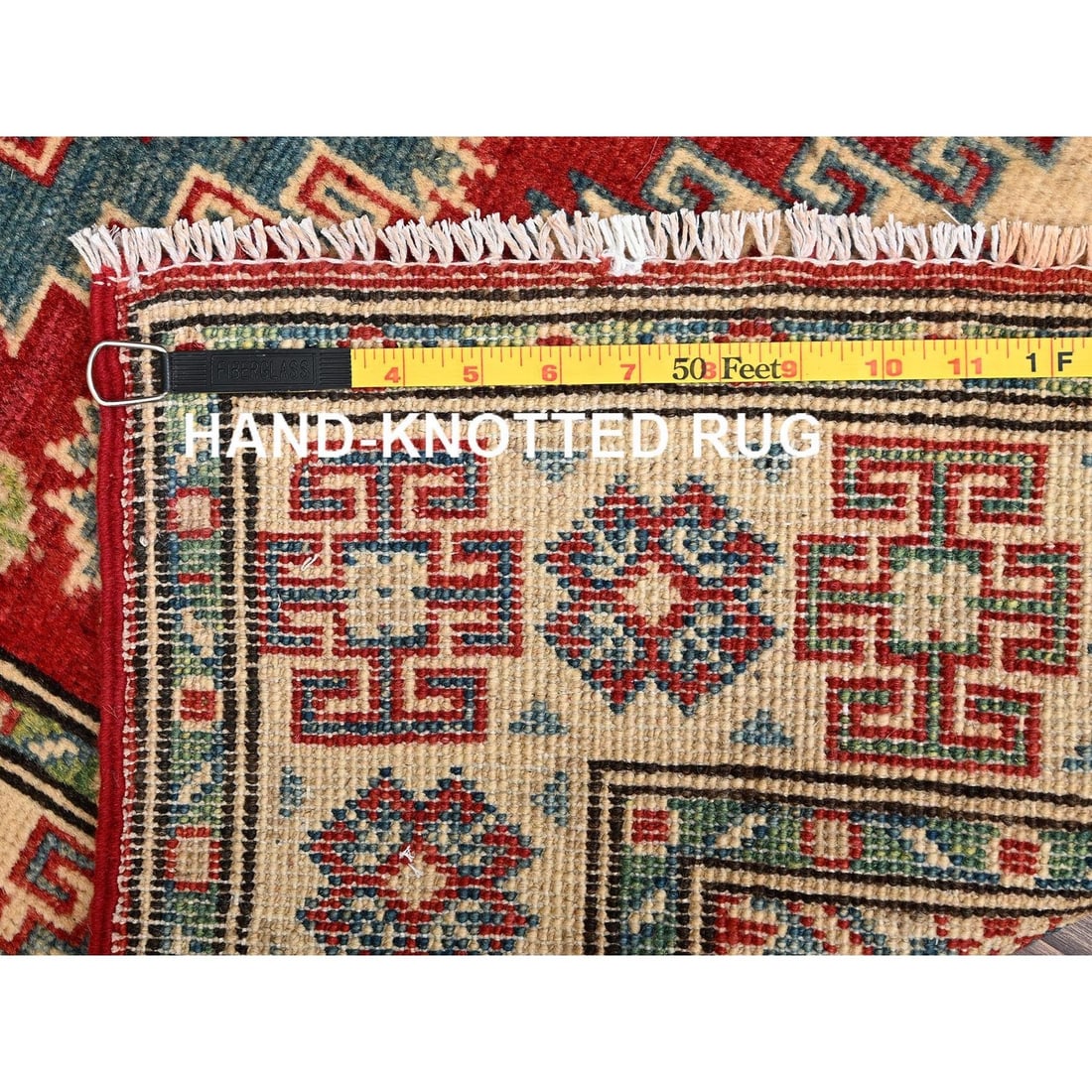 Runner 2'7"x12'8" Red Kazak with Geometric Design Hand Knotted Rug Wool - 7