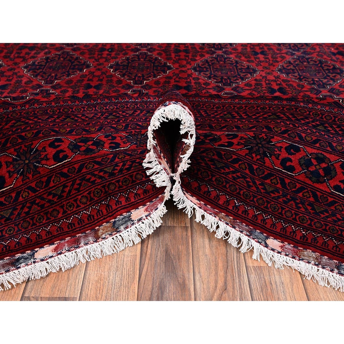 Rug 8'5"x11'2" Red Hand Knotted Afghan Khamyab with Geometric Pattern Wool - 6