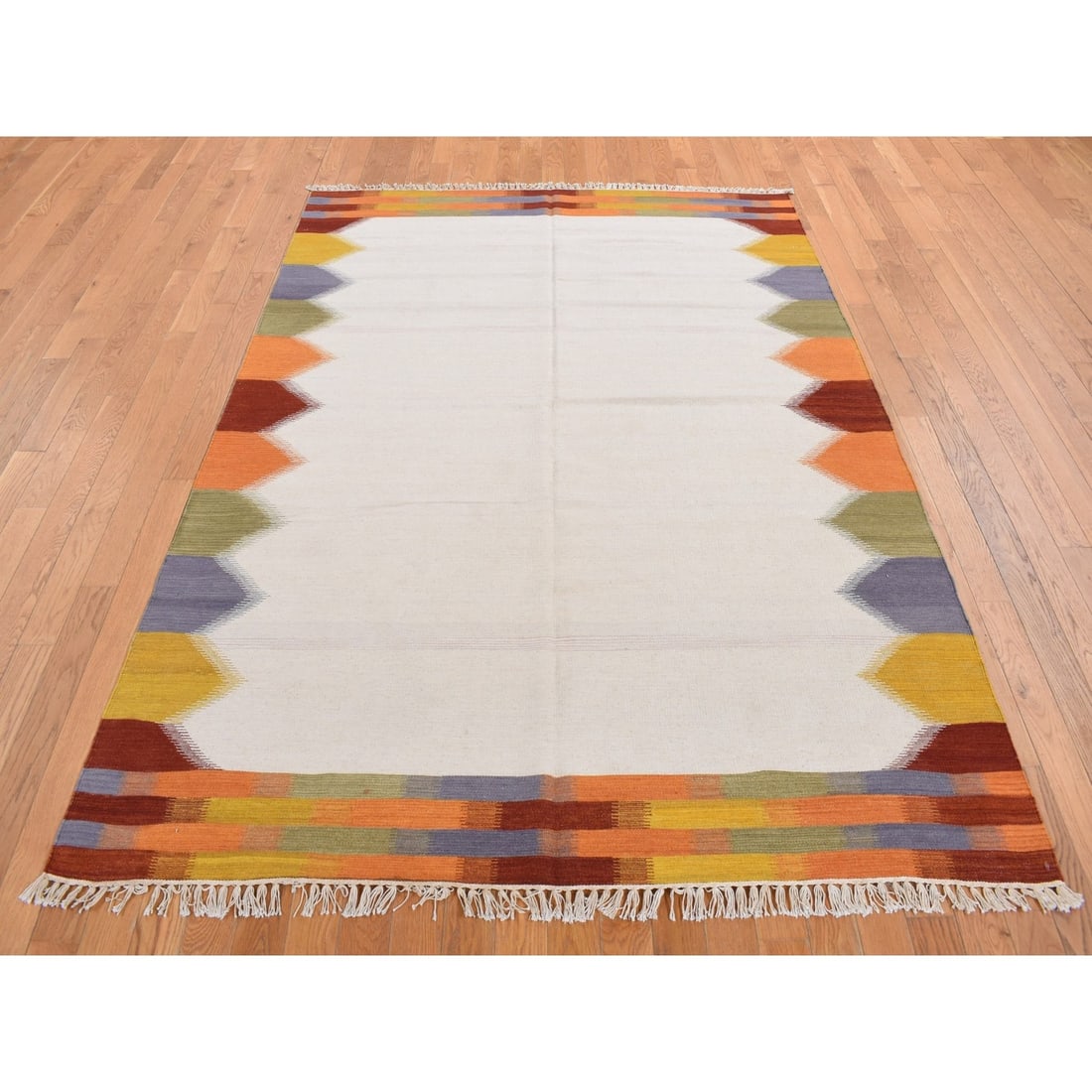 Rug 5'5"x7'10" Ivory Flat Weave Durie Kilim Pure Wool Hand Woven - 2