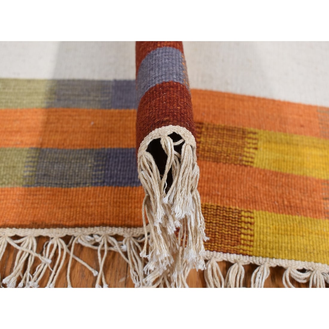 Rug 5'5"x7'10" Ivory Flat Weave Durie Kilim Pure Wool Hand Woven - 6