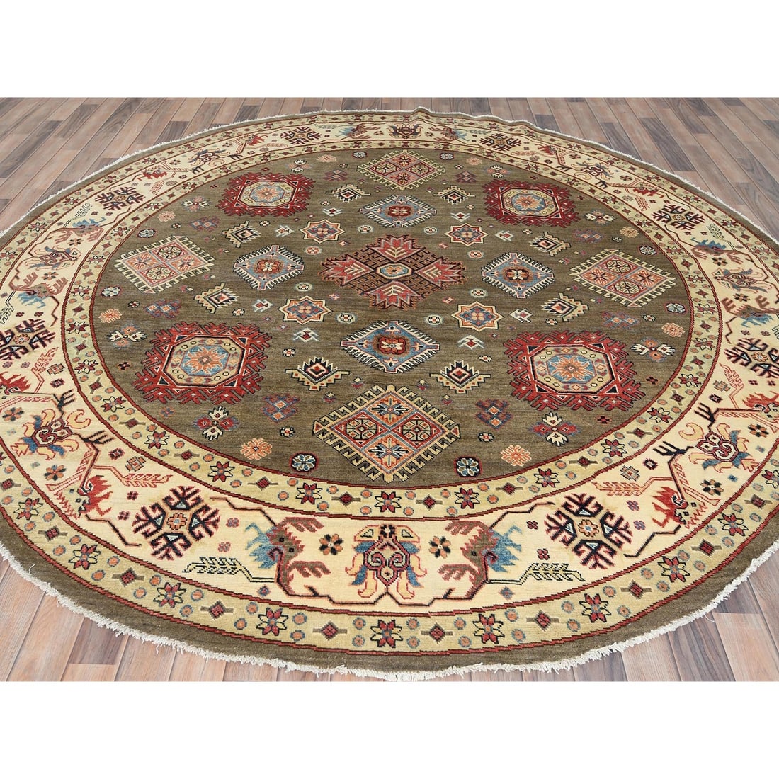 Rug 9'x9' Taupe Brown Special Kazak Pure Wool Hand Knotted Round Oriental - 3