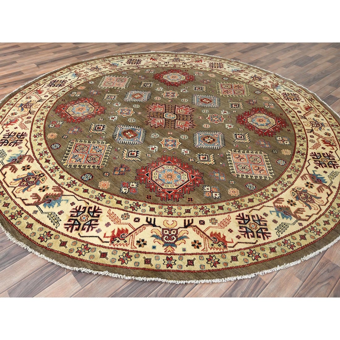 Rug 9'x9' Taupe Brown Special Kazak Pure Wool Hand Knotted Round Oriental - 4