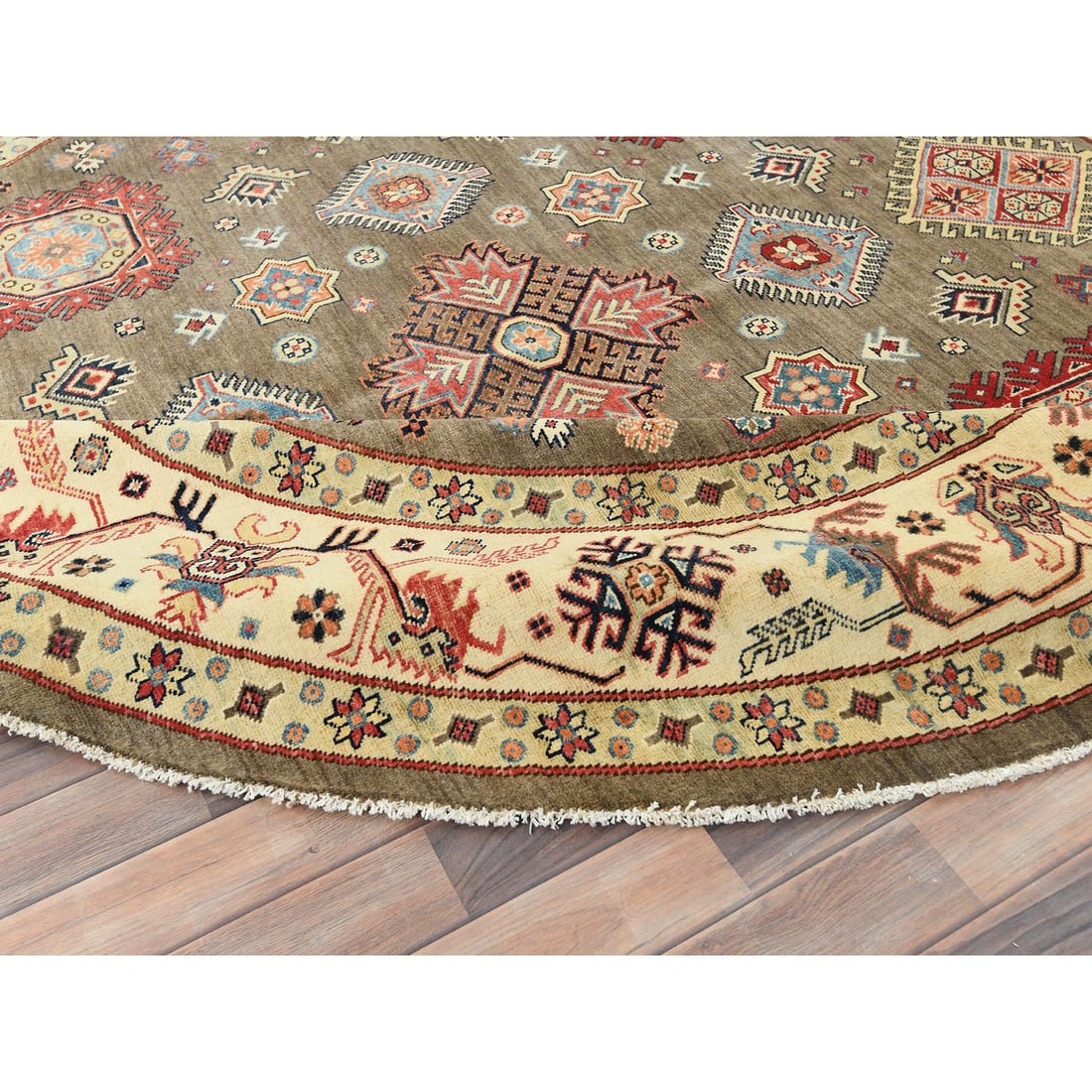 Rug 9'x9' Taupe Brown Special Kazak Pure Wool Hand Knotted Round Oriental - 5