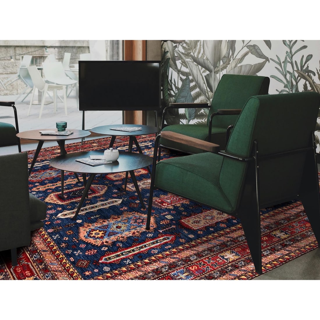 Rug 10'2"x10'2" Yale Blue Caucasian Design Revival Hand Knotted Wool Square - 2