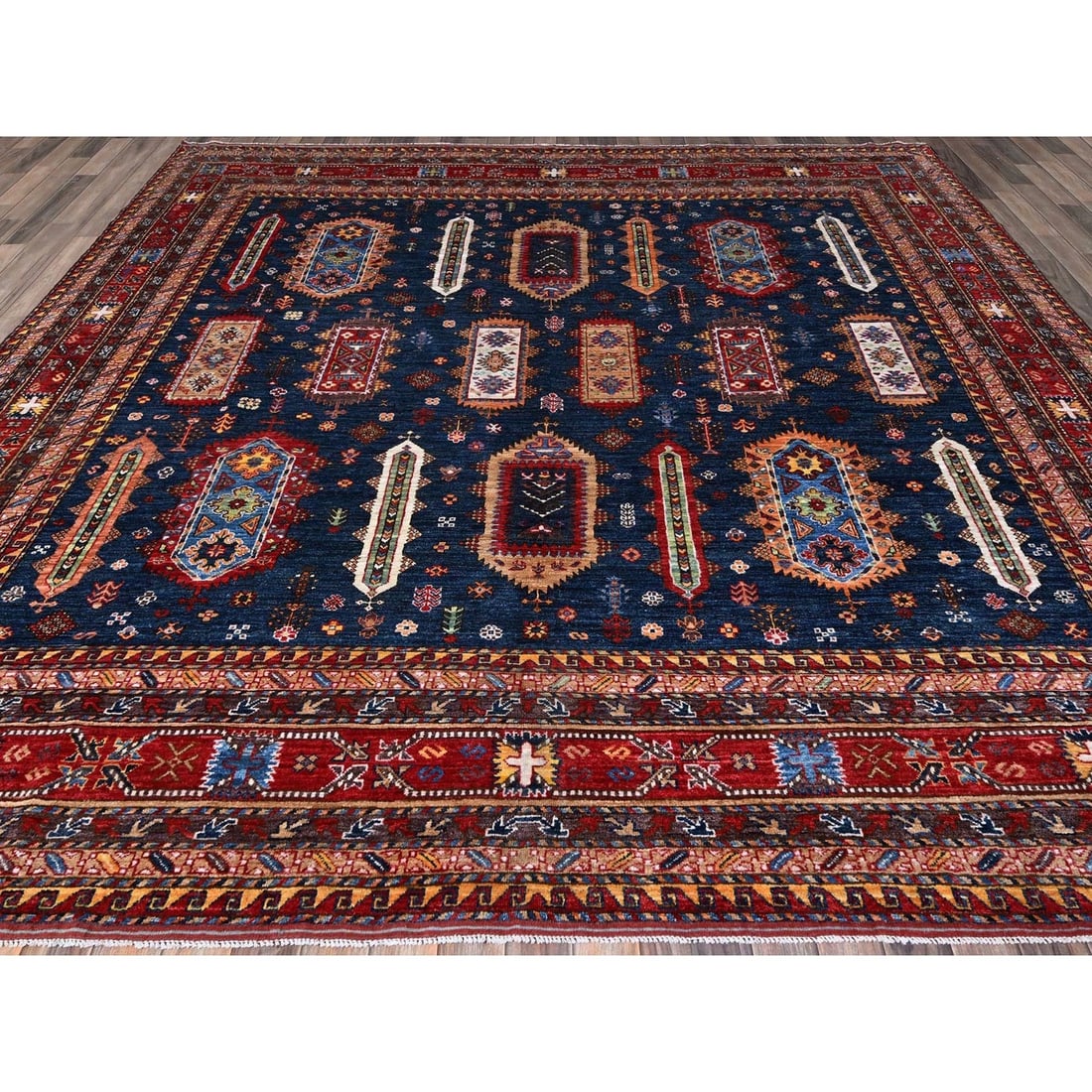 Rug 10'2"x10'2" Yale Blue Caucasian Design Revival Hand Knotted Wool Square - 3