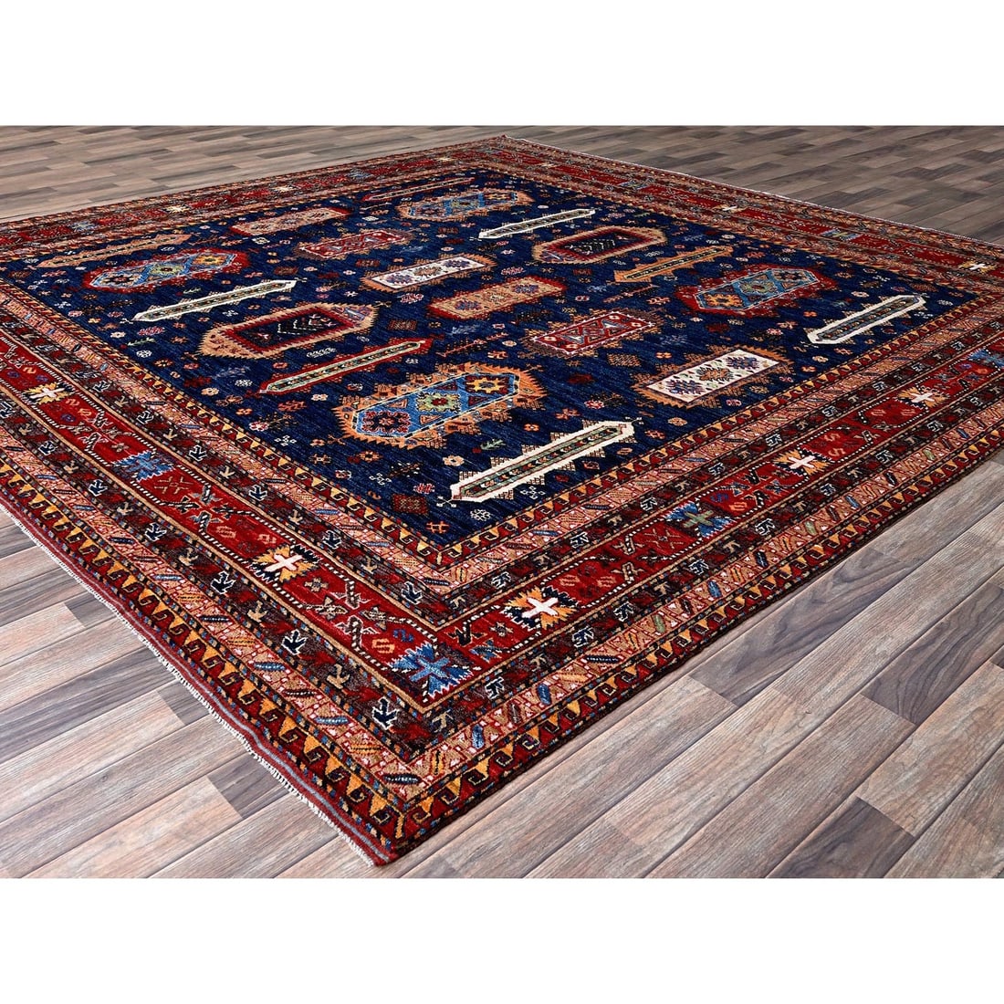 Rug 10'2"x10'2" Yale Blue Caucasian Design Revival Hand Knotted Wool Square - 4