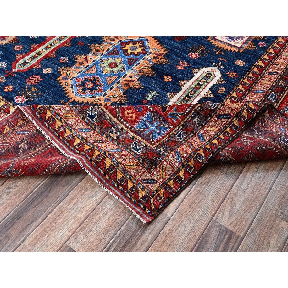 Rug 10'2"x10'2" Yale Blue Caucasian Design Revival Hand Knotted Wool Square - 7