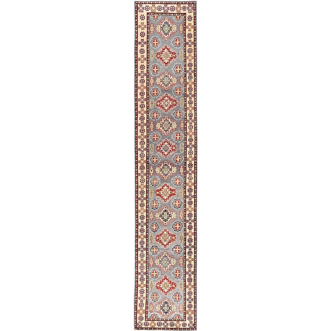 Runner 2'8"x15'2" Gray Kazak with Geometric Design Rug Hand Knotted Wool: Runner 2'8"x15'2" Gray Kazak with Geometric Design Rug Hand Knotted Wool This listing features Runner 2'8"x15'2" Gray Kazak with Geometric Design Rug Hand Knotted Wool. Item specifics are provided bel