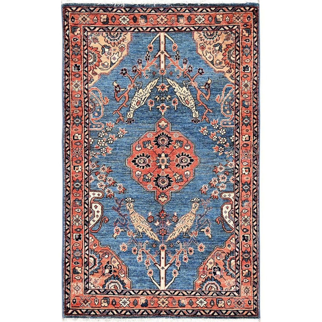 Wool 3'1"x5' Blue Zoroastrian Tebraz Peacock Design Rug Hand Knotted Pure (1 of 7)