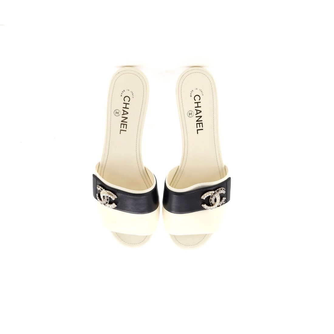 Faux Chanel Women's Embellished CC Slide Sandals Leather with Crystals and - 2