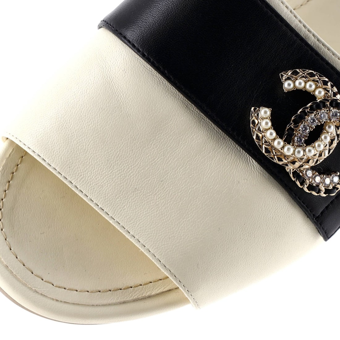 Faux Chanel Women's Embellished CC Slide Sandals Leather with Crystals and - 5