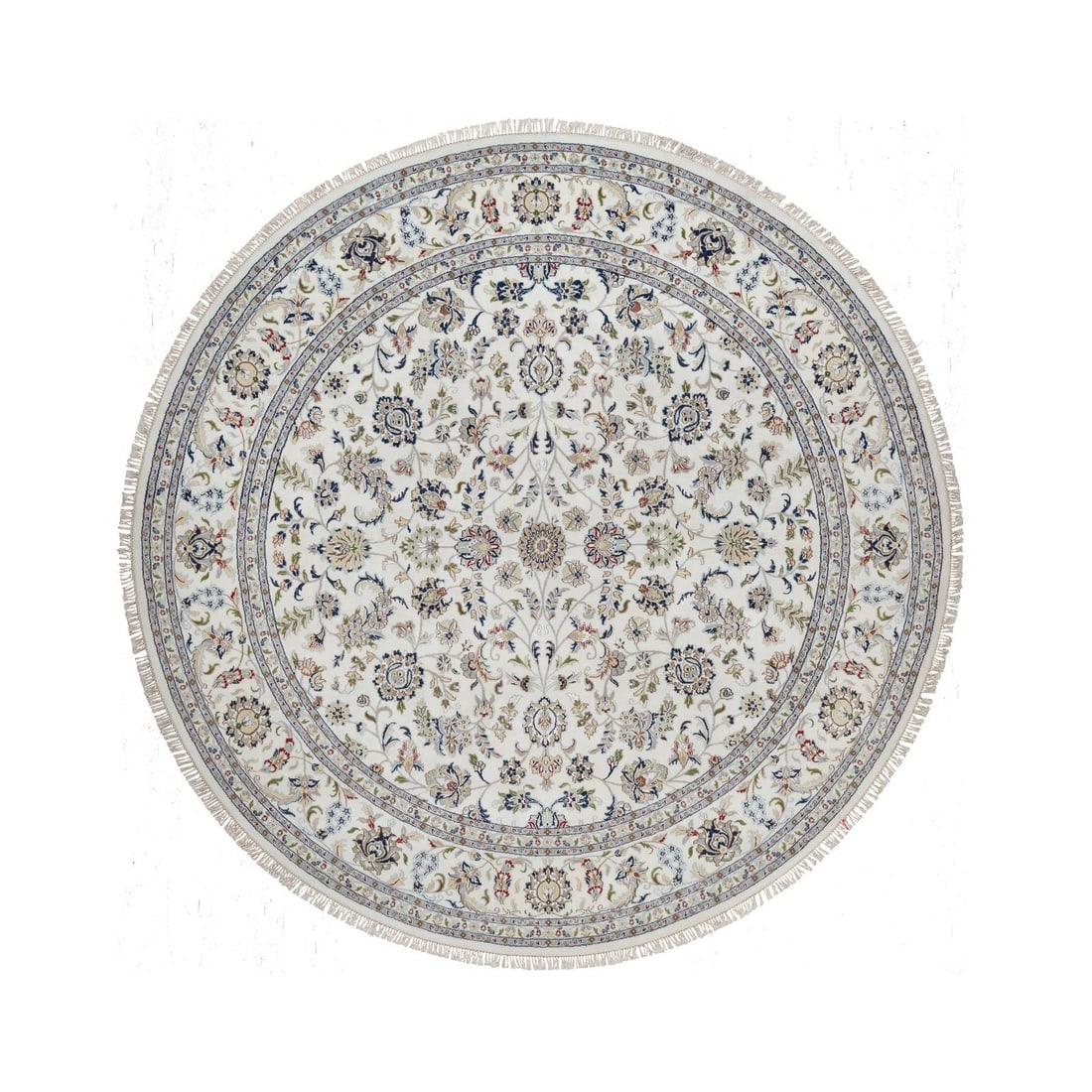 Rug 9'10"x9'10" Ivory Nain Flower Pattern Wool & Silk Hand Knotted Round: Rug 9'10"x9'10" Ivory Nain Flower Pattern Wool & Silk Hand Knotted Round This listing features Rug 9'10"x9'10" Ivory Nain Flower Pattern Wool & Silk Hand Knotted Round. Item specifics are provided