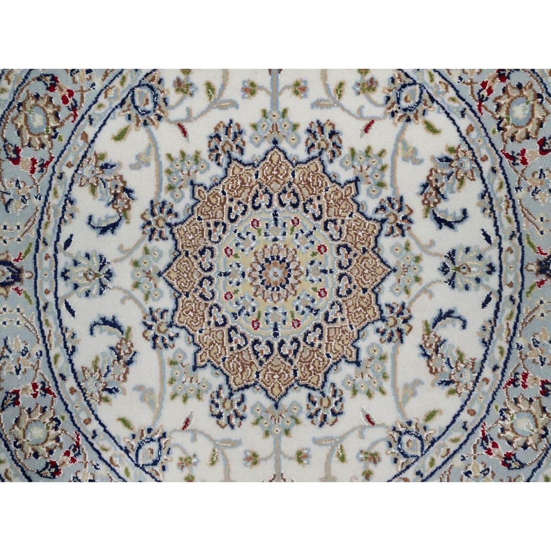 Rug 3'3"x3'3" Ivory Wool and Silk Nain Flower Design Hand Knotted Round - 5