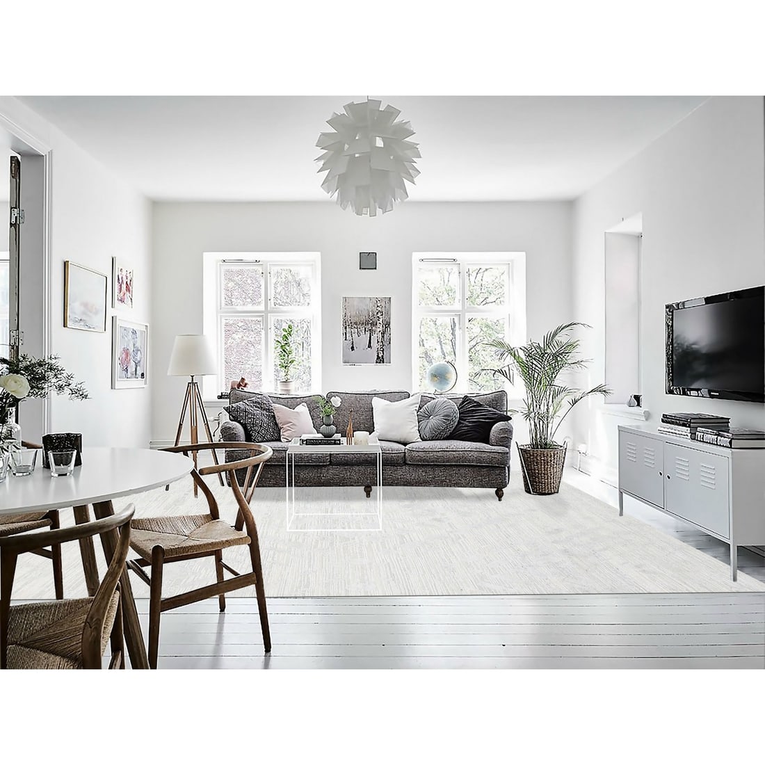 Rug 10'x10' Hand Knotted Undyed Natural Wool Ivory with Gray Square - 2