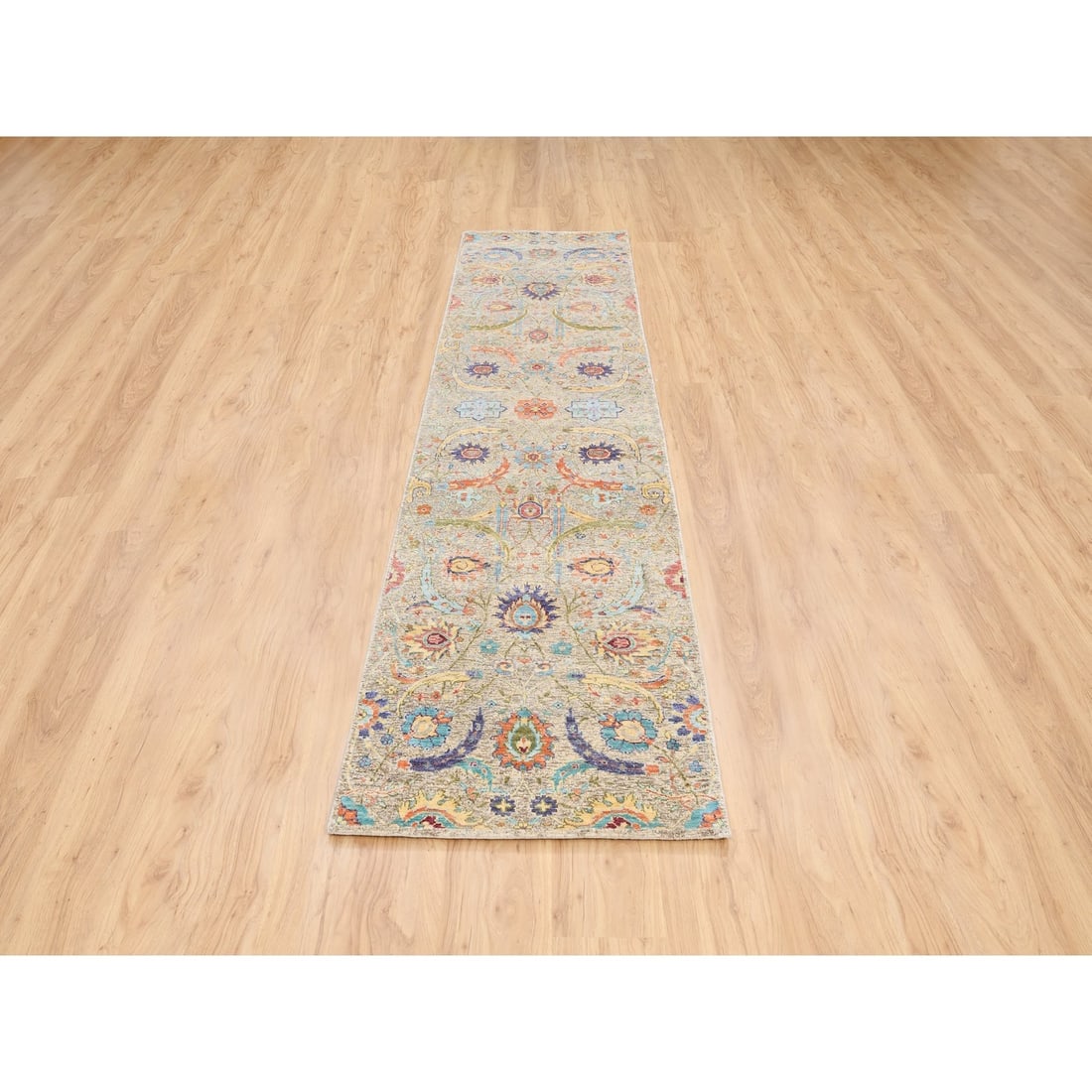 Rug 2'5"x10'1" Tan Silk With Textured Wool Hand Knotted Runner - 2
