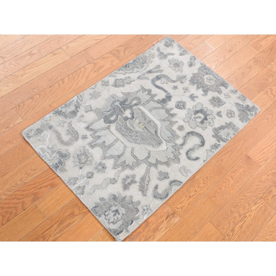 Rug 2'x3'2" Gray Silk with Wool Mahal Design Hand Knotted Sample Mat - 2