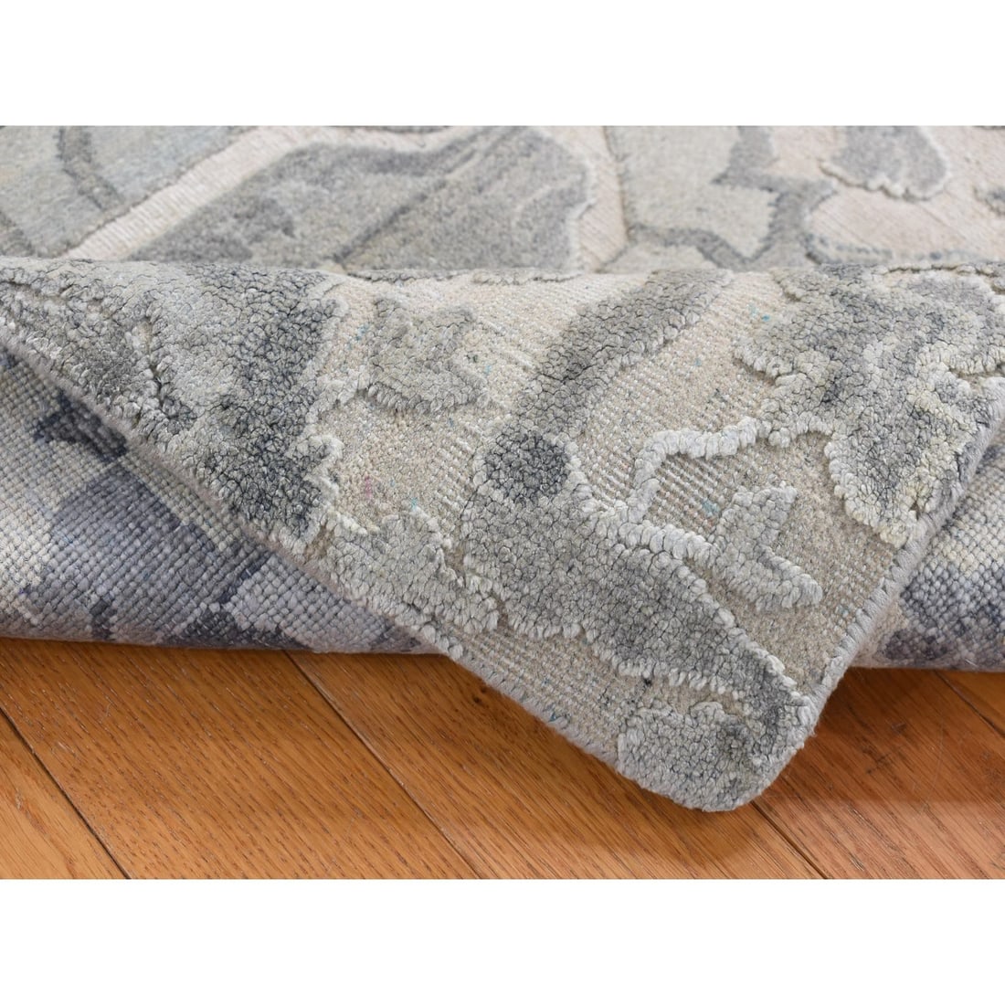 Rug 2'x3'2" Gray Silk with Wool Mahal Design Hand Knotted Sample Mat - 4