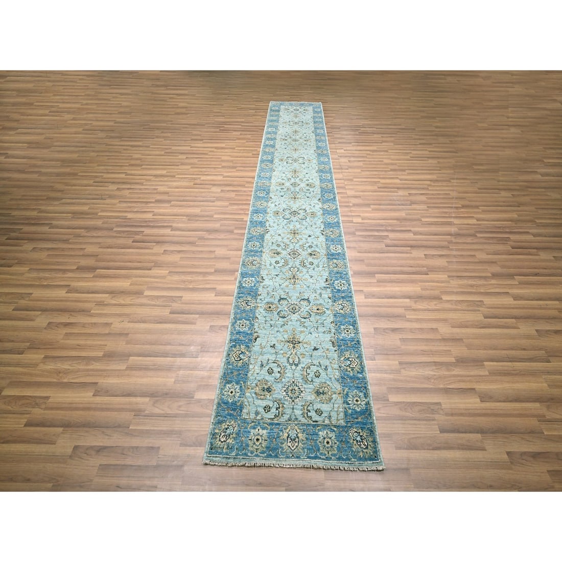 Rug 2'6"x14' Blue Shah Abbas Flower Design Pure Wool Hand Knotted Runner - 2